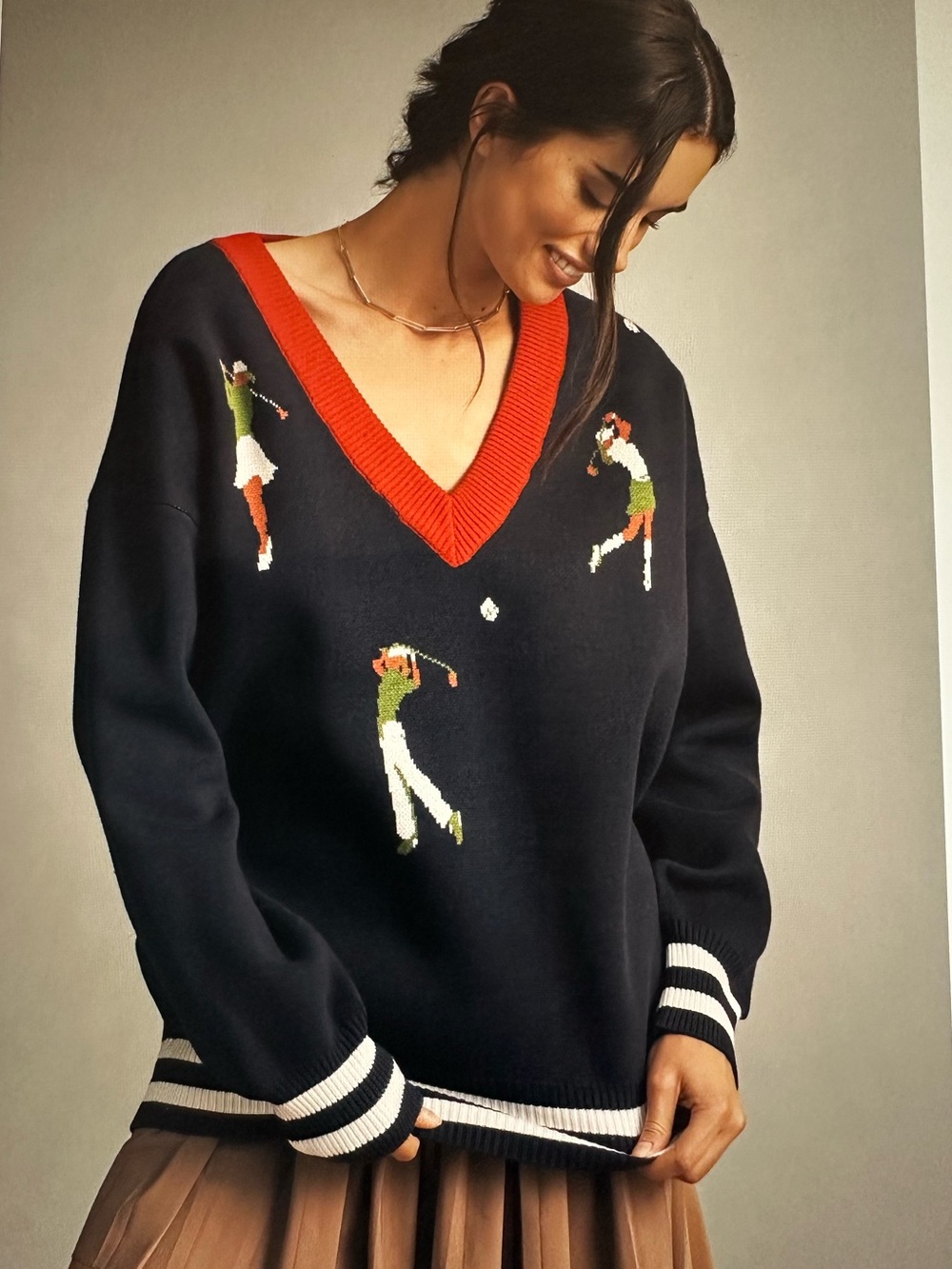 New with Tags Anthropologie Navy V-Neck Golf Motif Sweater with Red Trim sz L